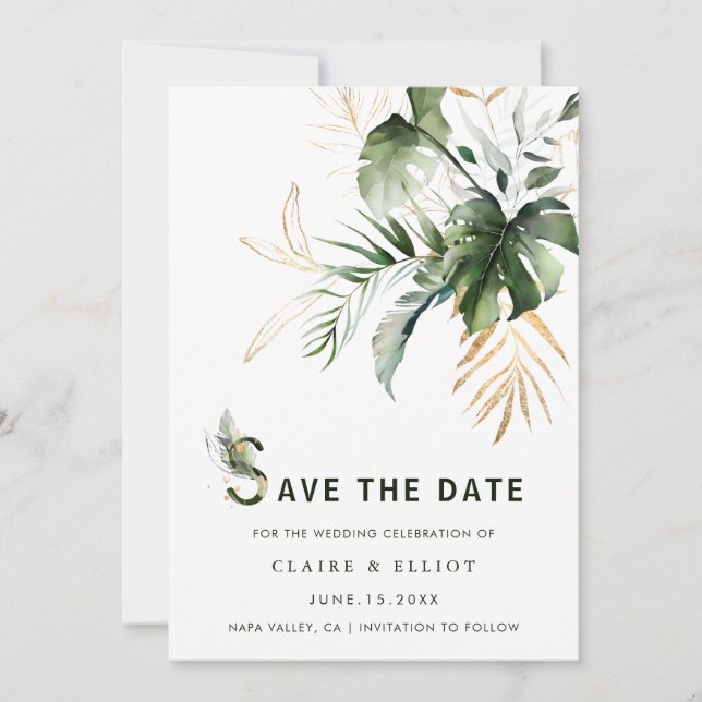 Tropical Watercolor Foliage Wedding Save the Date (Front)