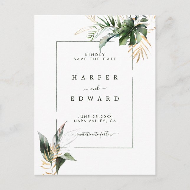 Tropical Watercolor Foliage Wedding Save the Date Announcement Postcard (Front)