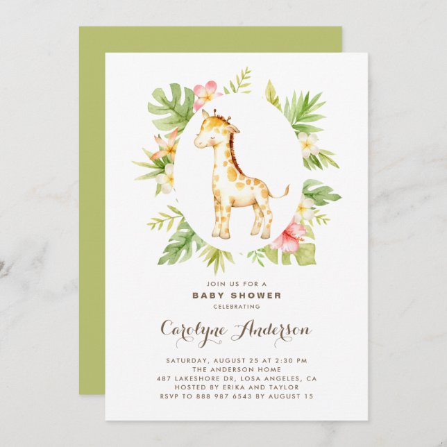 Tropical Watercolor Giraffe Summer Baby Shower Invitation (Front/Back)