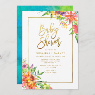Tropical Watercolor GOLD Calligraphy Baby Shower Invitation