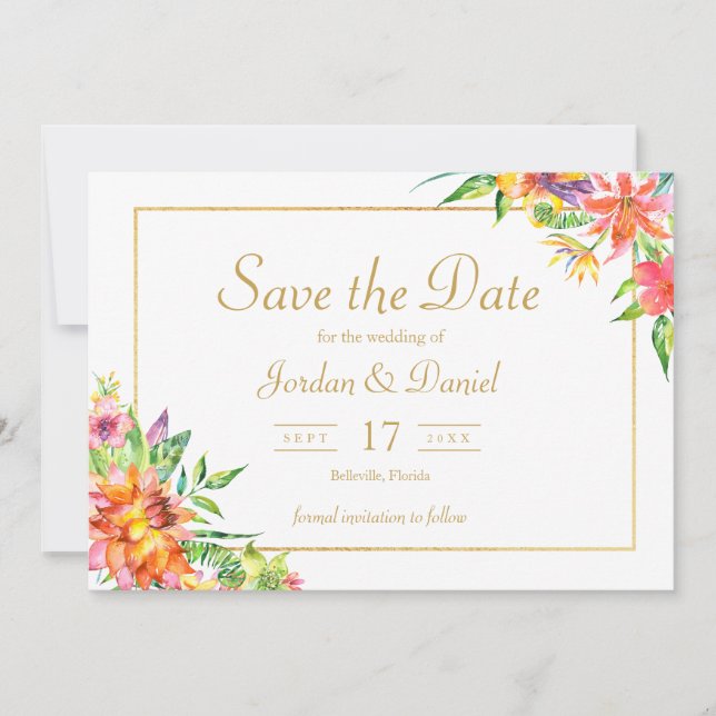 Tropical Watercolor Gold  Frame Wedding invitation (Front)