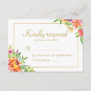 Tropical Watercolor Gold Frame Wedding RSVP Card