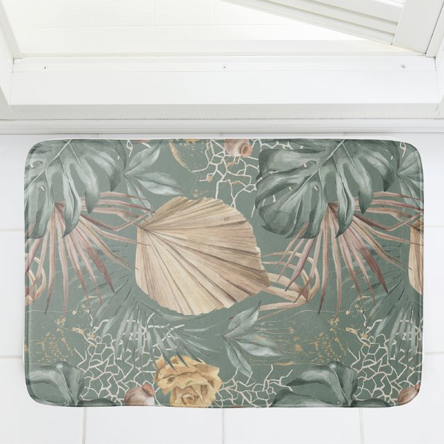 Tropical Watercolor Gold & Green Leaves Pattern  Bath Mat (Creator Uploaded)