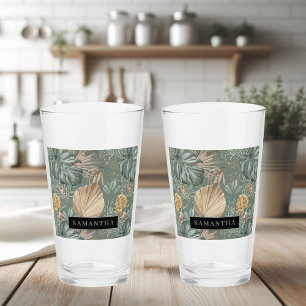 Tropical Watercolor Gold & Green Leaves Pattern Glass