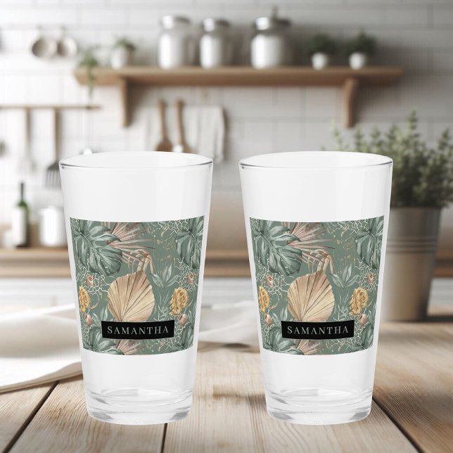 Tropical Watercolor Gold & Green Leaves Pattern  Glass (Creator Uploaded)