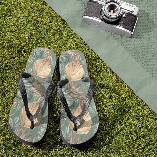 Tropical Watercolor Gold & Green Leaves Pattern  Jandals (Creator Uploaded)