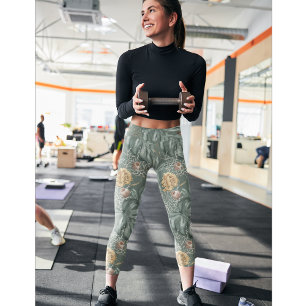 Tropical Watercolor Gold & Green Leaves Pattern  Leggings