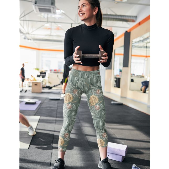 Tropical Watercolor Gold & Green Leaves Pattern  Leggings (Creator Uploaded)