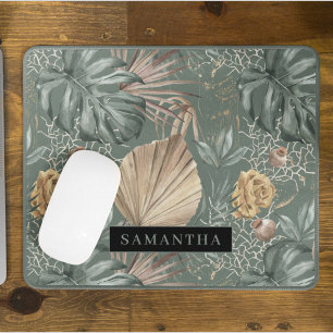Tropical Watercolor Gold & Green Leaves Pattern Mouse Pad