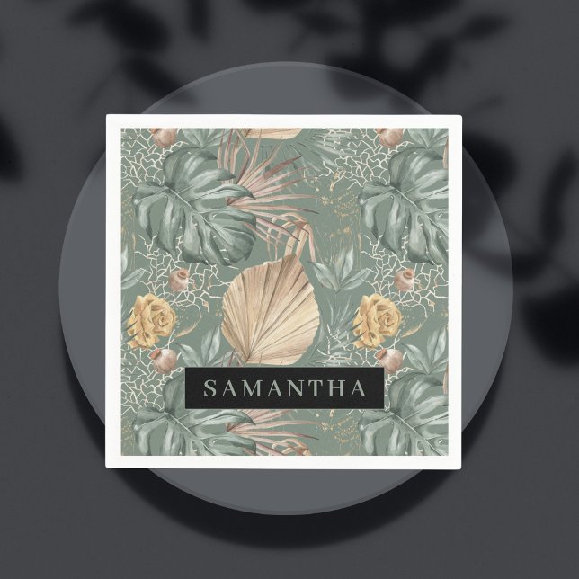 Tropical Watercolor Gold & Green Leaves Pattern  Napkin (Creator Uploaded)