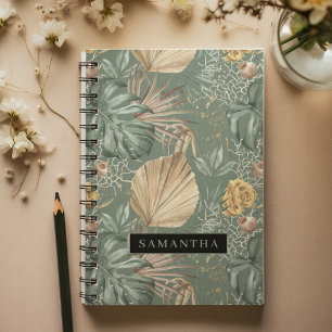 Tropical Watercolor Gold & Green Leaves Pattern Notebook