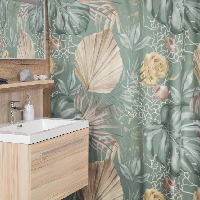 Tropical Watercolor Gold & Green Leaves Pattern  Shower Curtain (Creator Uploaded)