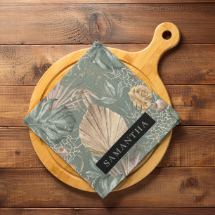 Tropical Watercolor Gold & Green Leaves Pattern  Tea Towel