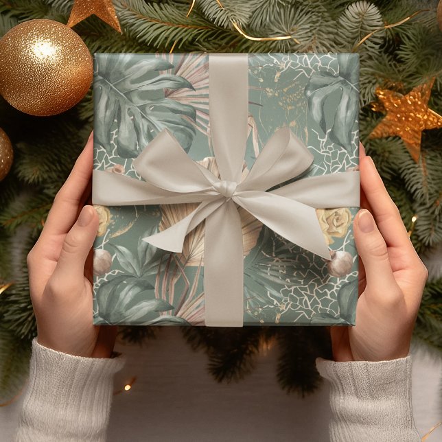 Tropical Watercolor Gold & Green Leaves Pattern  Wrapping Paper (Creator Uploaded)