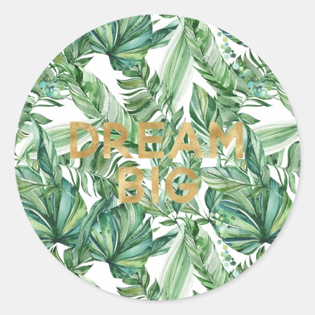 Tropical Watercolor Green Leaves Gold Dream Classic Round Sticker (Front)