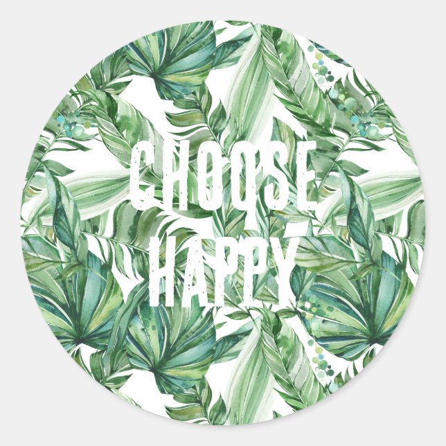 Tropical Watercolor Green Leaves Quote Classic Round Sticker (Front)