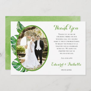 Tropical Watercolor Green Monstera Leaves Wedding Thank You Card