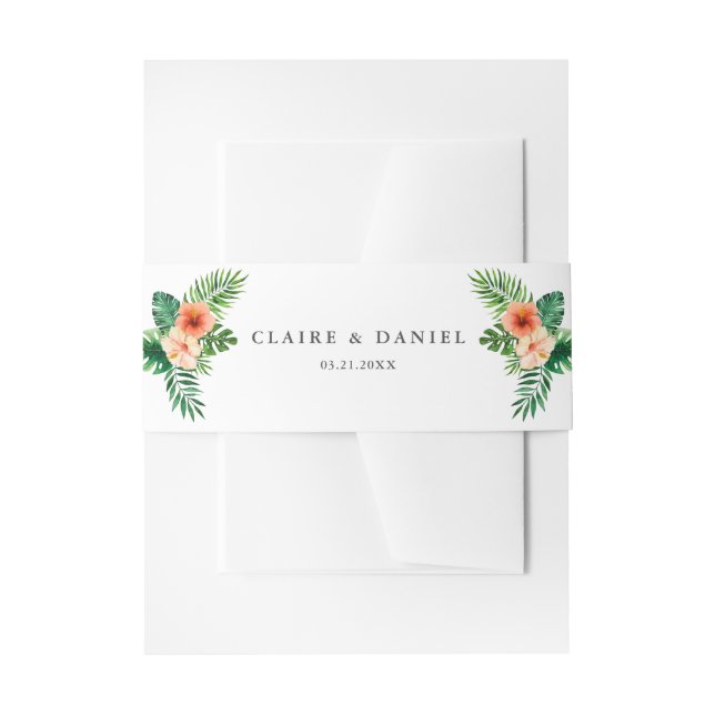 Tropical Watercolor Greenery Floral Wedding Invitation Belly Band (Front Example)