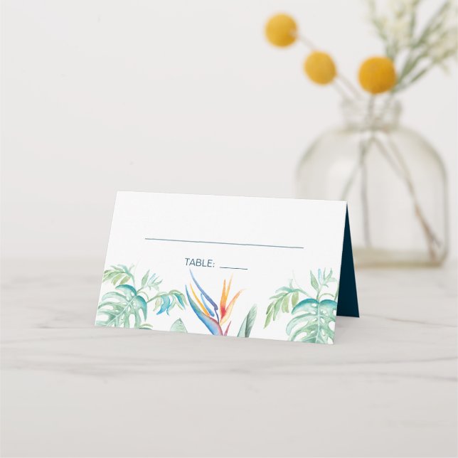 Tropical Watercolor Greenery Floral Wedding Place Card (Front)