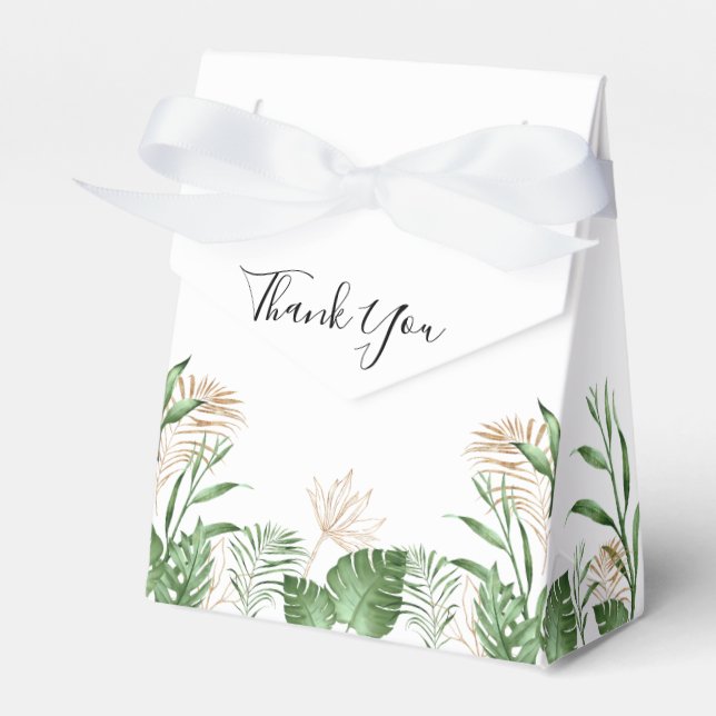 Tropical Watercolor Greenery & Gold Summer Wedding Favour Box (Front Side)