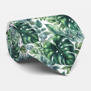 Tropical Watercolor Greenery Leaves with Diamonds Tie