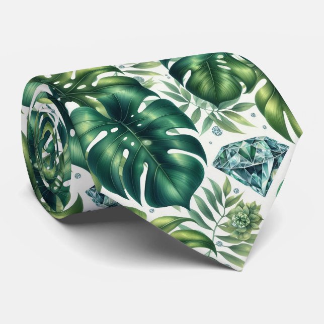 Tropical Watercolor Greenery Leaves with Diamonds Tie (Rolled)