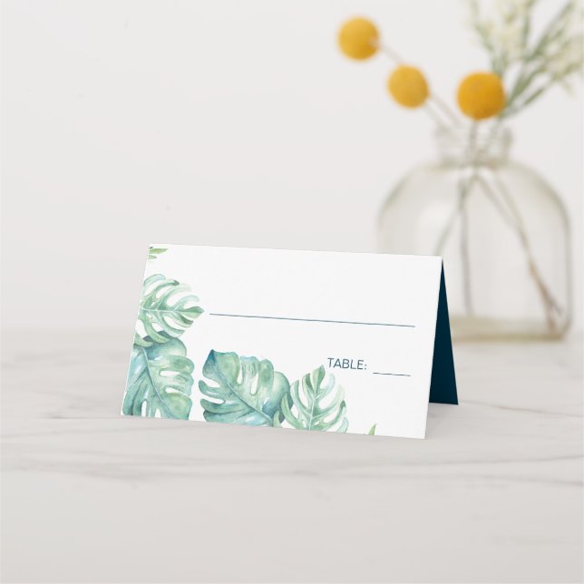Tropical Watercolor Greenery Wedding Place Card (Front)