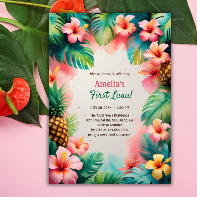 Tropical Watercolor Hawaiian First Luau Birthday Invitation (First Luau Birthday Invitation – Tropical Hawaiian Party for Baby Girl Invitation)