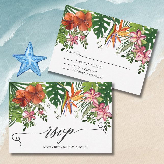 Tropical Watercolor Hawaiian Floral Wedding RSVP  Card (Tropical Watercolor Hawaiian Floral Wedding RSVP Card)