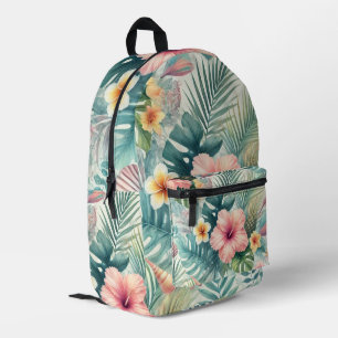 Tropical Watercolor Hibiscus and Palm Leaves  Printed Backpack