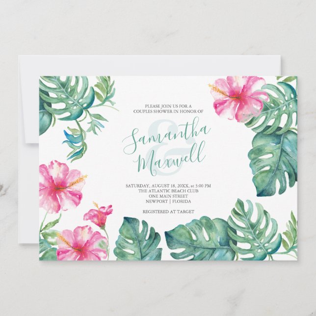 Tropical Watercolor Hibiscus Flower Couples Shower (Front)