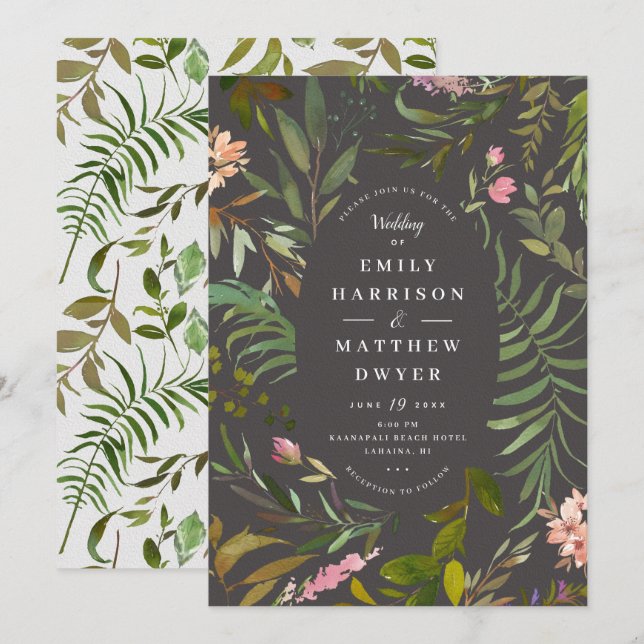 Tropical Watercolor Leaf Frame Wedding Invitation (Front/Back)