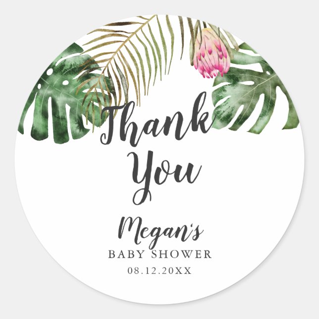 Tropical Watercolor Leaves Baby Shower Classic Round Sticker (Front)