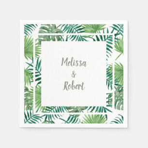 Tropical watercolor leaves bride groom wedding napkin