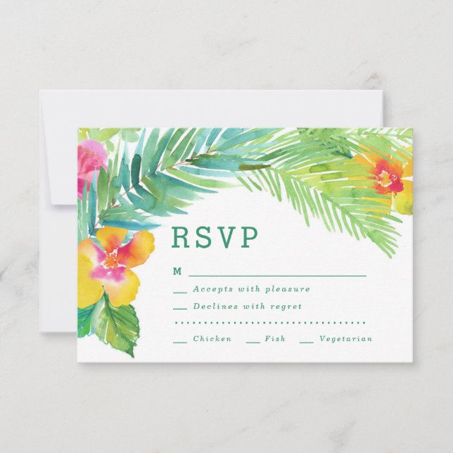 Tropical Watercolor Leaves Destination RSVP Card (Front)