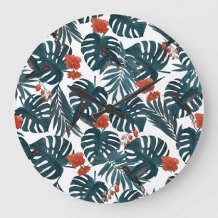 Tropical watercolor, leaves, flowers, hummingbirds large clock
