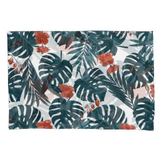 Tropical watercolor, leaves, flowers, hummingbirds pillowcase