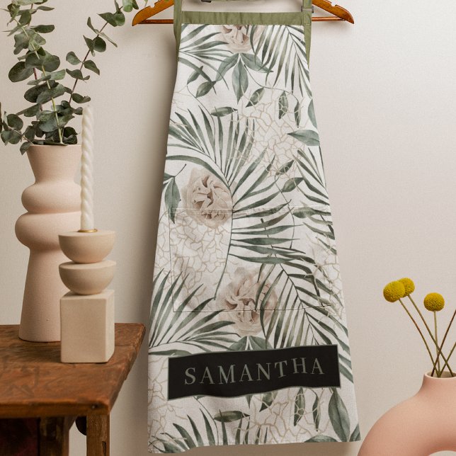 Tropical Watercolor Leaves & Flowers Pattern Apron (Creator Uploaded)