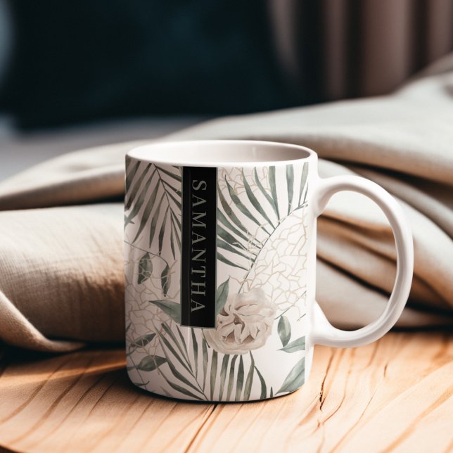 Tropical Watercolor Leaves & Flowers Pattern Coffee Mug (Creator Uploaded)