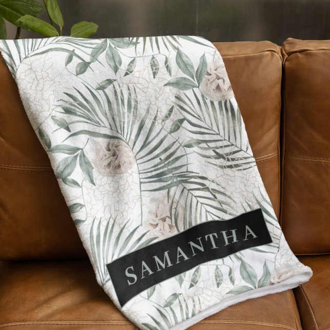 Tropical Watercolor Leaves & Flowers Pattern Fleece Blanket (Creator Uploaded)