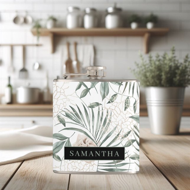 Tropical Watercolor Leaves & Flowers Pattern Hip Flask (Creator Uploaded)