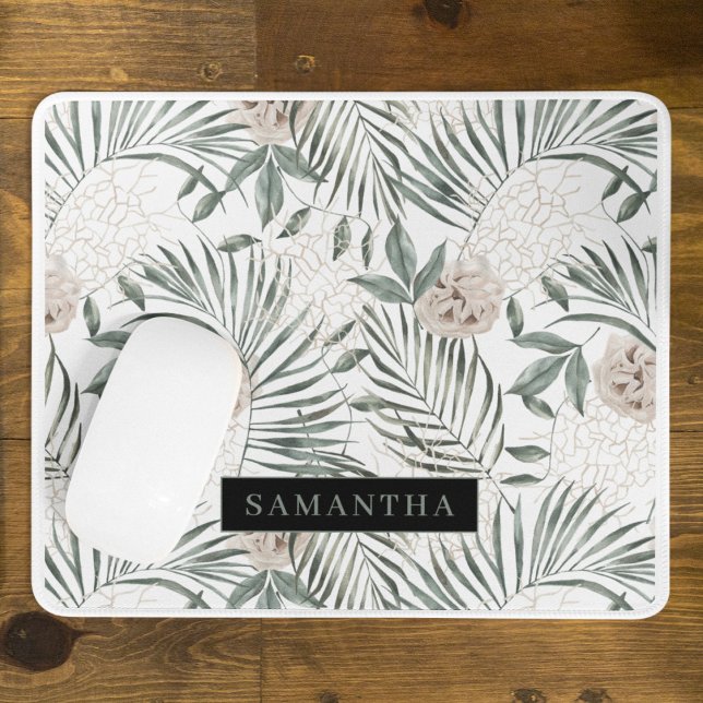 Tropical Watercolor Leaves & Flowers Pattern Mouse Pad (Creator Uploaded)