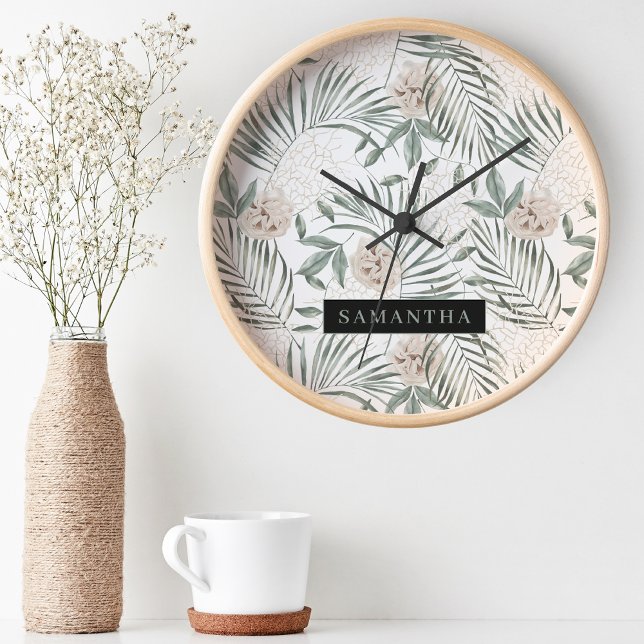Tropical Watercolor Leaves & Flowers Pattern Round Clock (Creator Uploaded)