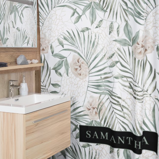 Tropical Watercolor Leaves & Flowers Pattern Shower Curtain (Creator Uploaded)