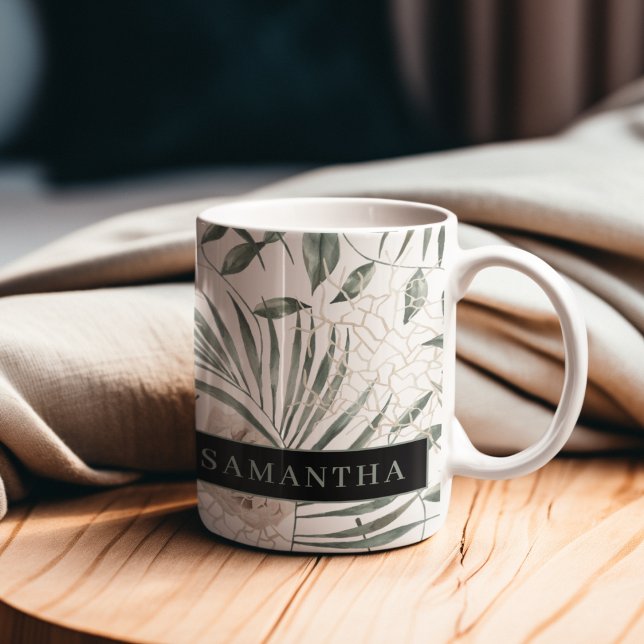 Tropical Watercolor Leaves & Flowers Pattern Two-Tone Coffee Mug (Creator Uploaded)