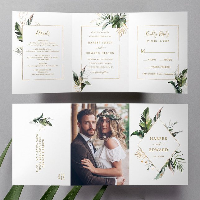 Tropical Watercolor Leaves Gold Frame Wedding Tri-Fold Invitation (Inside & Outside)