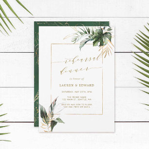 Tropical Watercolor Leaves Gold Rehearsal Dinner Invitation