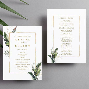 Tropical Watercolor Leaves Gold Wedding Ceremony Programme