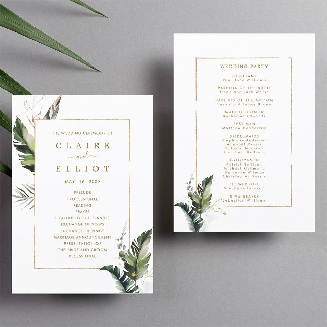 Tropical Watercolor Leaves Gold Wedding Ceremony Programme (Front & Back)