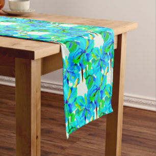 Tropical Watercolor Leaves in Aqua & Blue Tones Short Table Runner